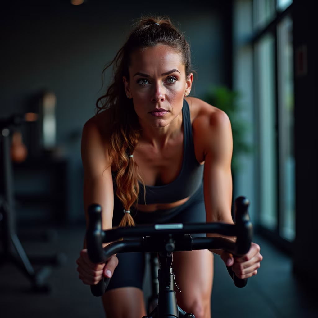 Woman participating in indoor cycling workout